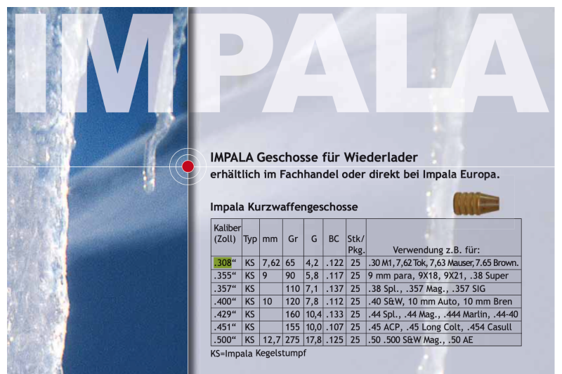 Geschosse Wiederlader .308 *bleifrei* Impala – obrázek 2