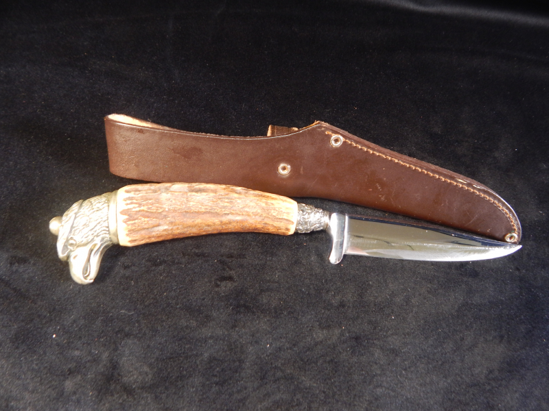 Schönes Linder Classic Jagdmesser / Jagdnicker mit Greifvogel Kopf und Lederscheide – Bild 4