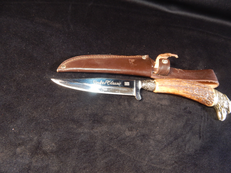Schönes Linder Classic Jagdmesser / Jagdnicker mit Greifvogel Kopf und Lederscheide – Bild 2