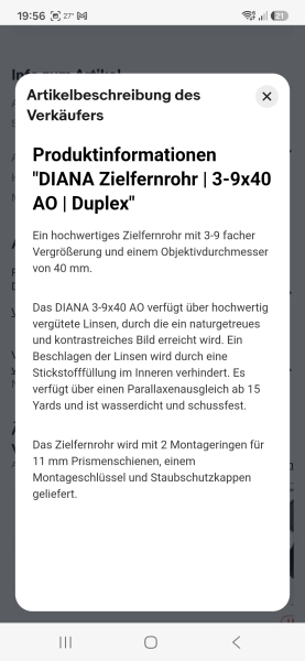 Diana Zielfernrohr 3-9x40 AO. Absehen Duplex – Bild 2