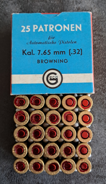 Sammlermunition Geco 7,65 mm Browning VM 25 Stück, ca. 1980 – Bild 2