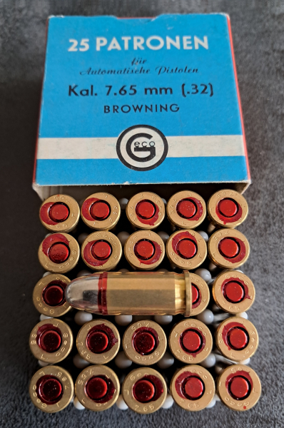 Sammlermunition Geco 7,65 mm Browning VM 25 Stück, ca. 1980 – Bild 4