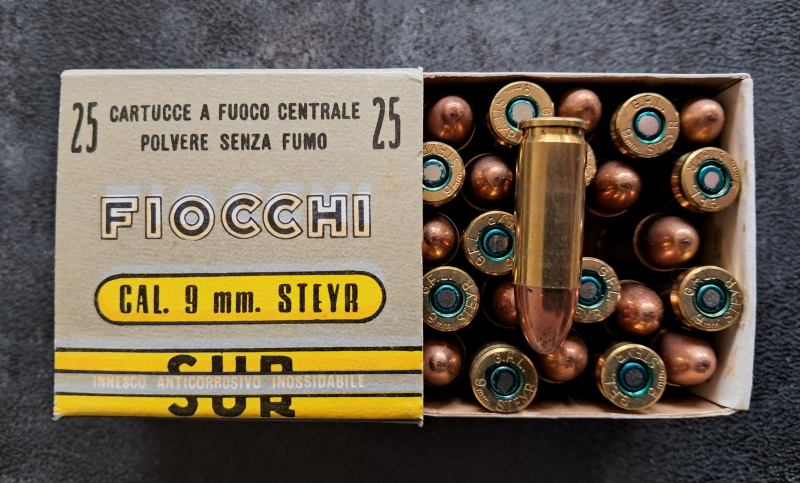 Sammlermunition Fiocchi 9 mm STEYR VM 25 Stück, ca. 1980 – Bild 2