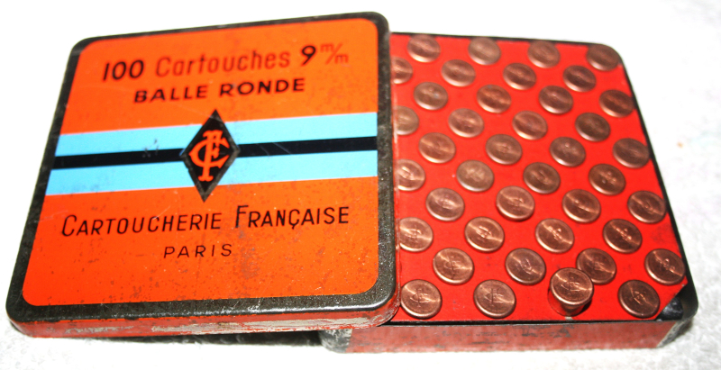 alte französische Blechschachtel mit 100 9 mm Randfeuerpatronen – Bild 1