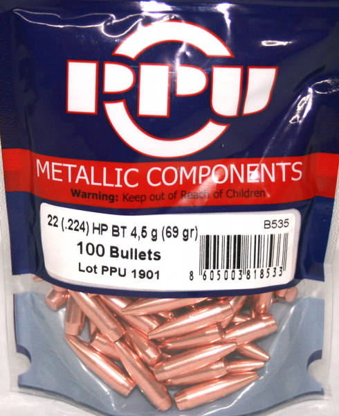 100 Stück PPU | PrviPartizan Geschosse #B-535 | .224 / 5,56mm | 69grs / 4,47g HP BT Hohlspitz MATCH – Bild 1