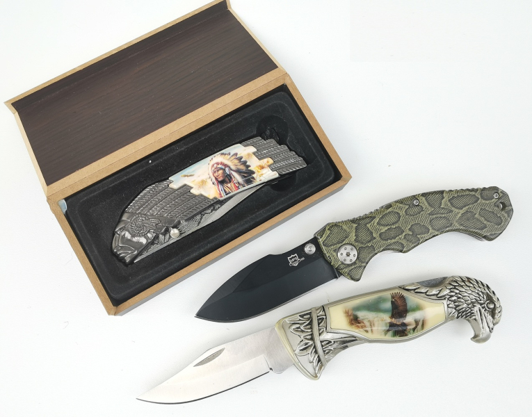 Messersammlung mit 3 Messer, unbenutzt. Indianer, Adler, MP9, mit Holzschatulle – Bild 2