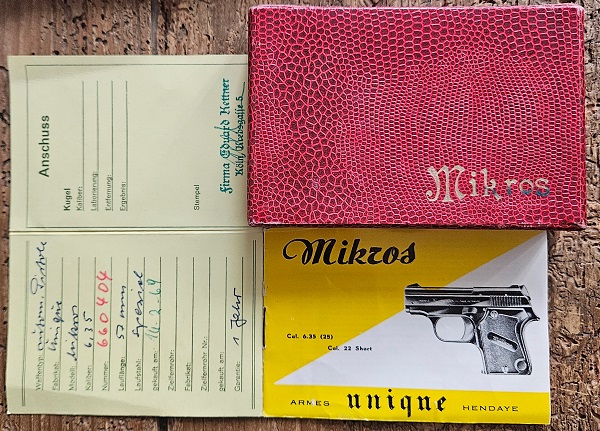 Rarität: Original Box & Pariser Beschuss-Zertifikat für Unique Mikros Pistole 6,35mm (Kettner Köln) – Bild 1