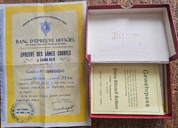 Rarität: Original Box & Pariser Beschuss-Zertifikat für Unique Mikros Pistole 6,35mm (Kettner Köln) – Bild 2