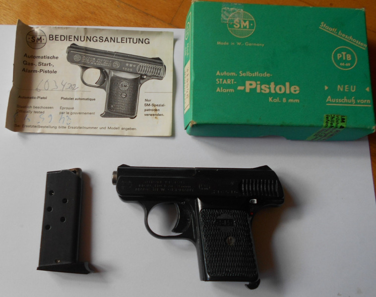 alte Schreckschuss Pistole SM Rhöner Modell 110 Cal. 8mm Platz/Gas OVP Anleitung Sammlerstück – Bild 1