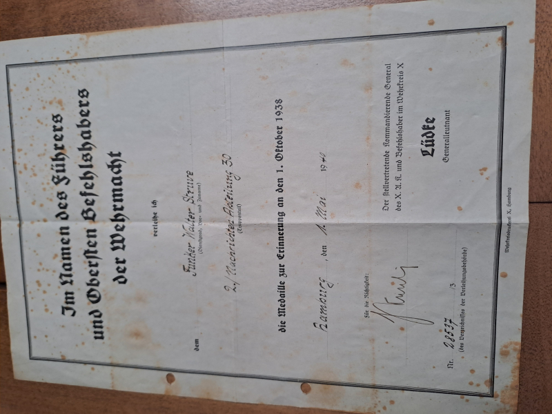 Urkunde 1.Oktober 1938 – Bild 1