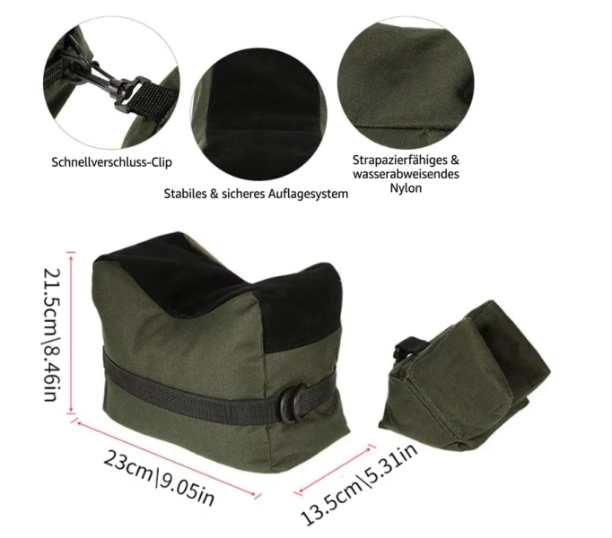 Schießsack SET Gewehr Auflagekissen Einschieß-Sack Vorne & Hinten mit Schnellverschluss-Clip – Bild 1