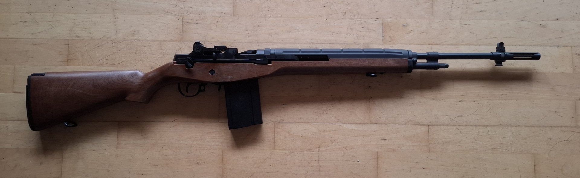 M14 Airsoft S-AEG / AEG (Holzoptik) – Motor/Gearbox läuft – Feed-Fehler / Bastler – inkl. Magazin – Bild 1