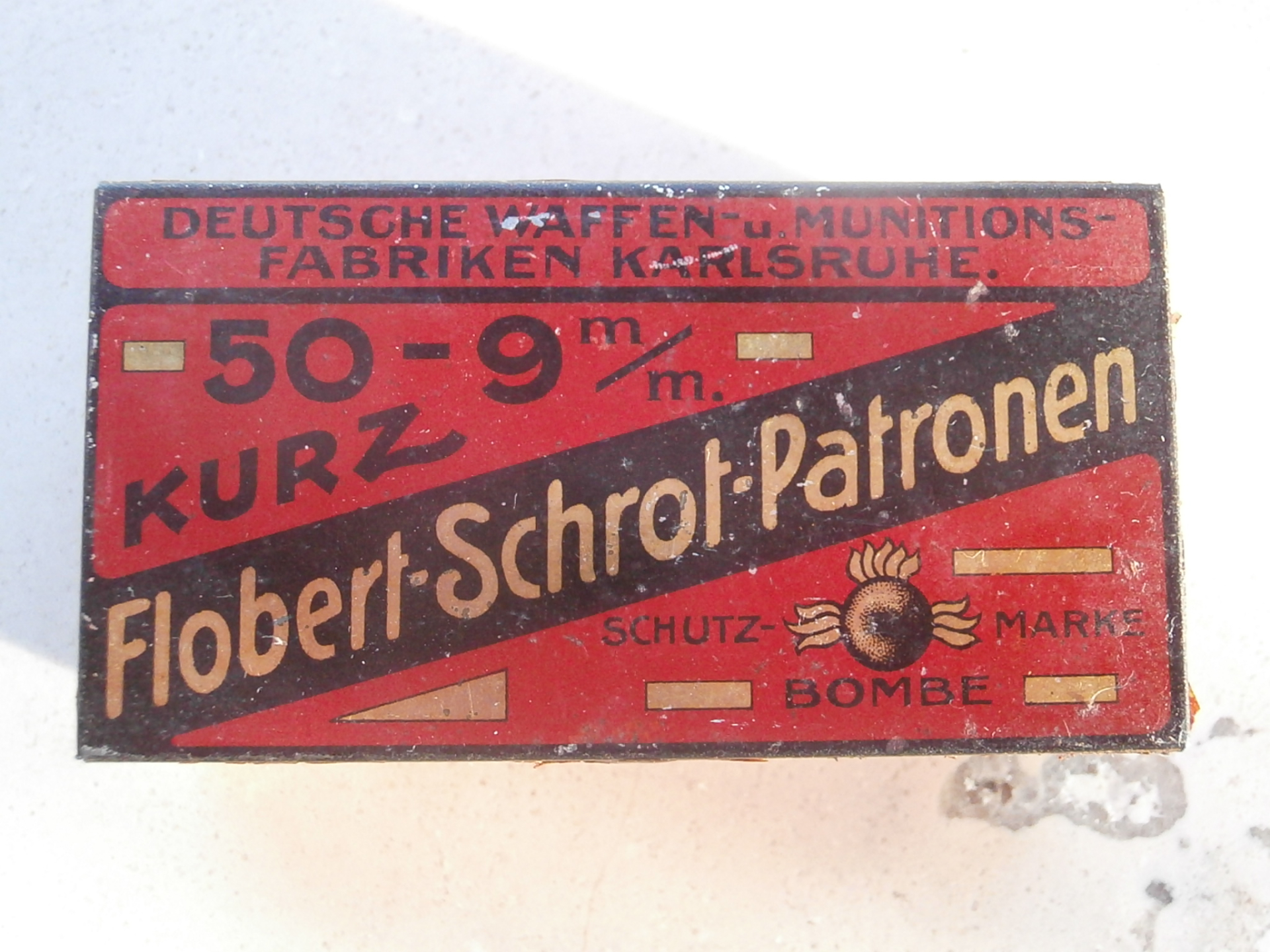 Patronen 9 mm Flobert Schrot DWM, 50 er Blechdose Sammlerpatronen – Bild 1