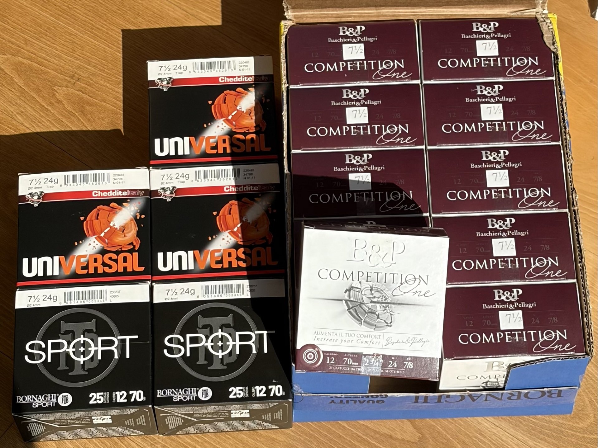 375 Stück Trap Kal 12/70 24g (B&P Competition One, Cheddite Universal, Bornaghi Sport) – Bild 1