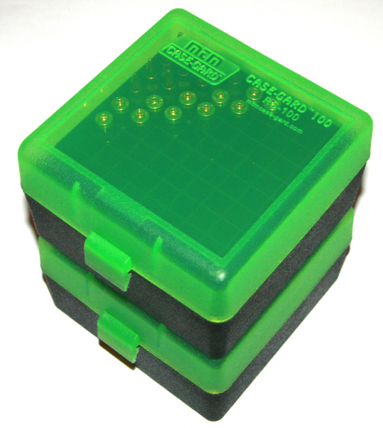 100er Patronenbox Munitionsbox von MTM mit Scharnier .17 .222 .223 Remimgton RS-100-16T Grün/Schwarz – Bild 1