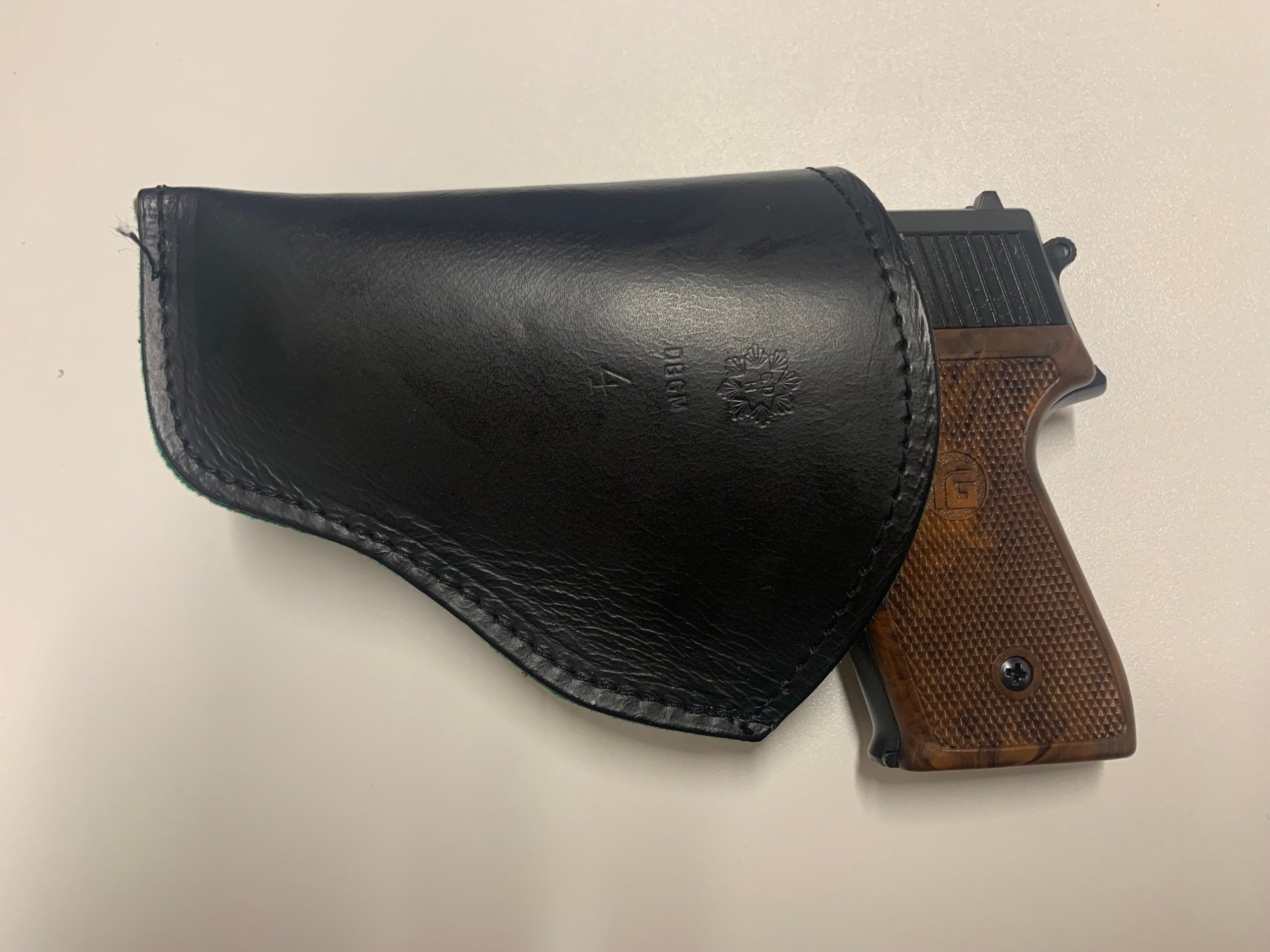 IWB-Lederholster/Dienstholster, Hersteller unbekannt, Stempelung G.D H, DBGM 4 – Bild 1