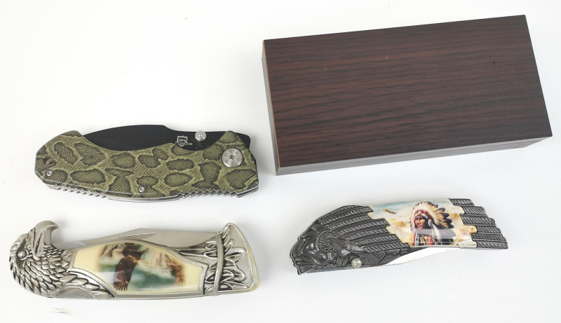 Messersammlung mit 3 Messer, unbenutzt. Indianer, Adler, MP9, mit Holzschatulle – Bild 1