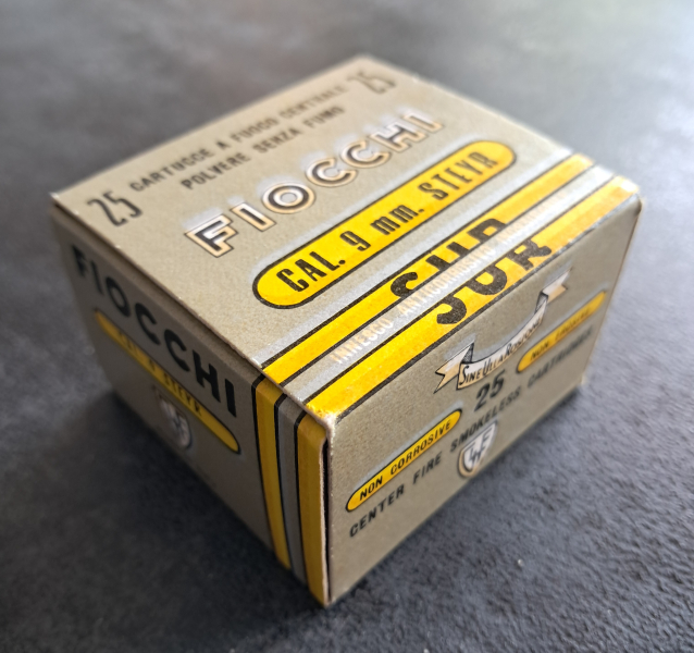 Sammlermunition Fiocchi 9 mm STEYR VM, 25 Stück, ca. 1980 – Bild 1