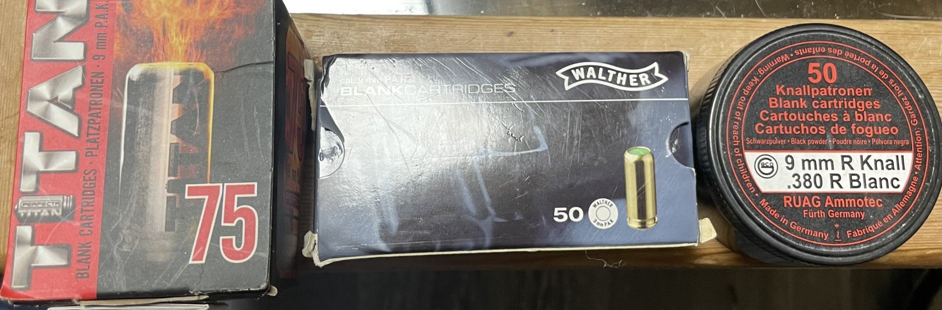 9 mm R Knall / .380 R Blanc – 41 Stk. RUAG + 72 Stk. Titan + 8 Stk. Walther – Platzpatronen – Bild 1