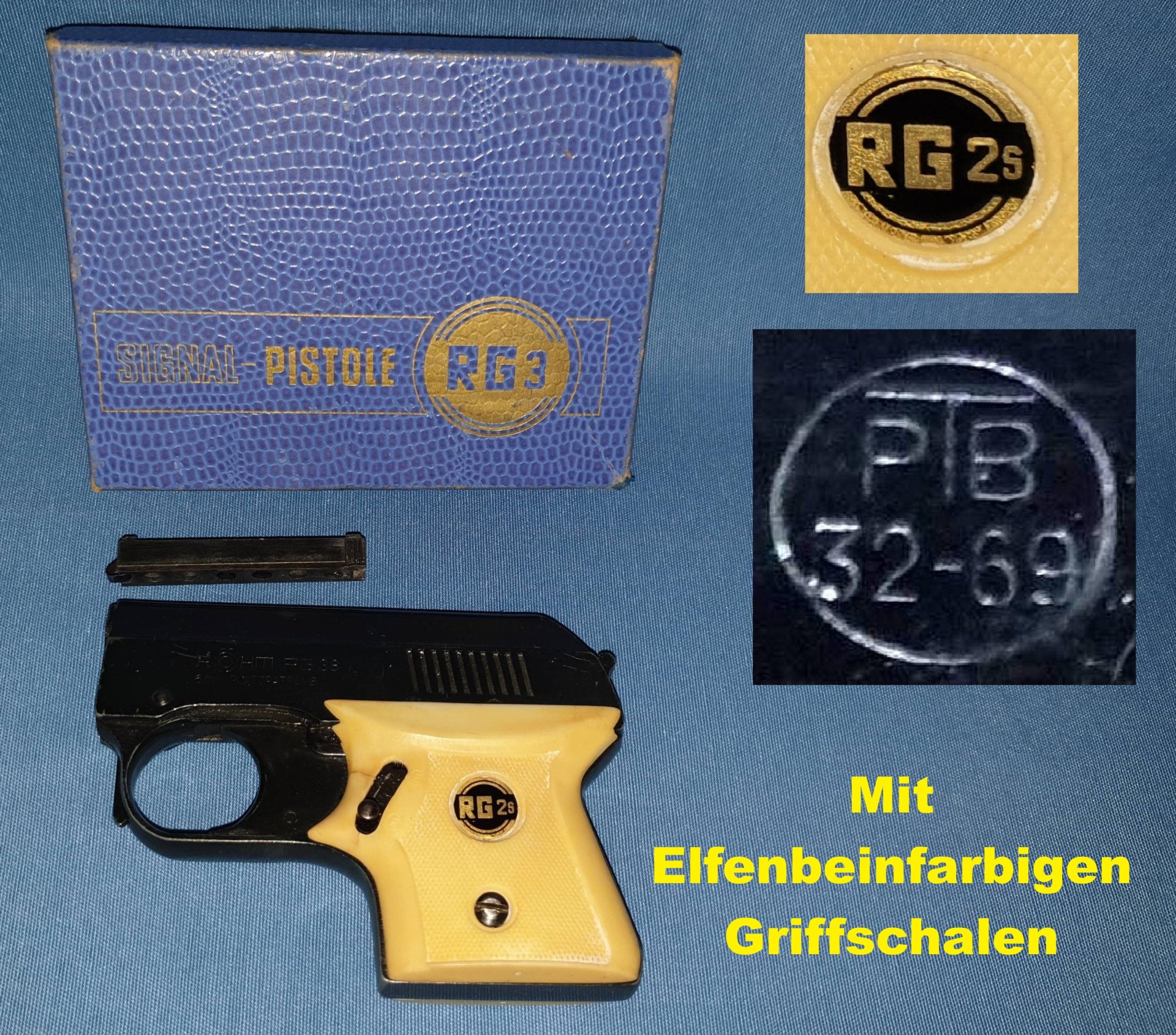 @ Röhm RG 3s Pistole 6 mm Flobert PTB 32-69 mit Elfenbeinfarbenen Griffschalen@ – Bild 1