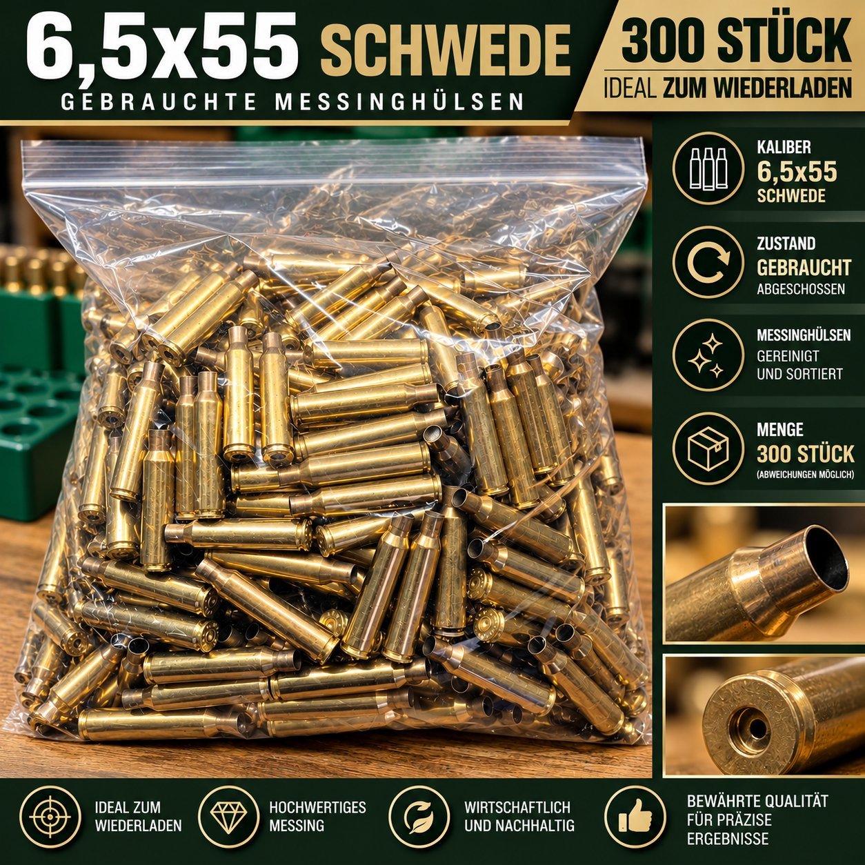 300 Stück Hülsen 6,5x55 Schwede – Messinghülsen – gebraucht – 6,5x55 SE – Bild 1