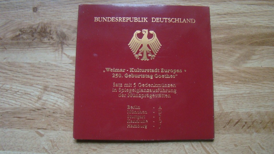BRD 5x 10 DM Gedenkmünzen 1998, Silber 925 - Blister Weimar 250. Geburtstag Goethe PP – Bild 2