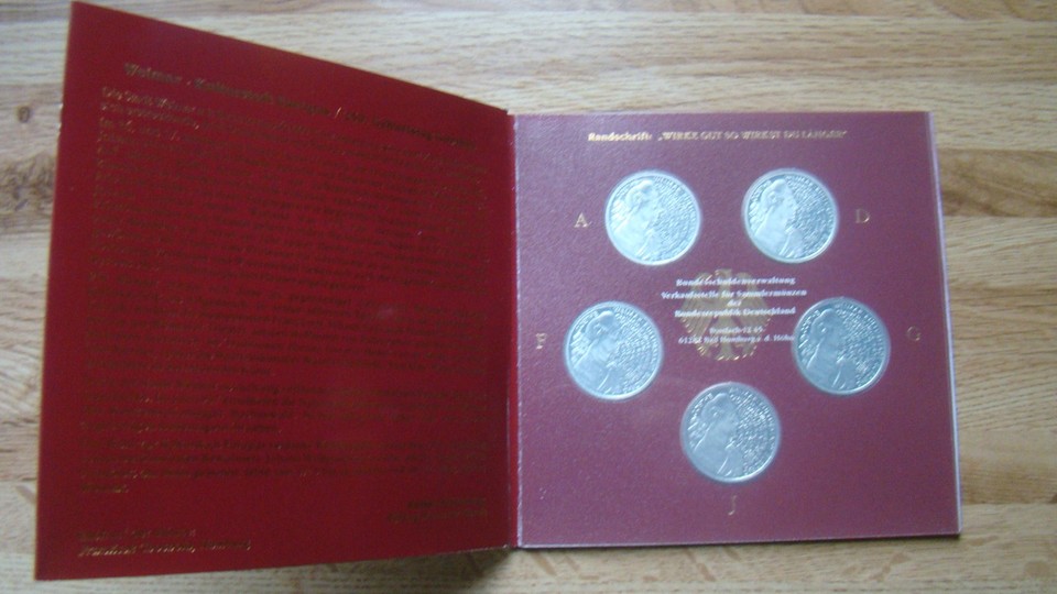 BRD 5x 10 DM Gedenkmünzen 1998, Silber 925 - Blister Weimar 250. Geburtstag Goethe PP – Bild 1