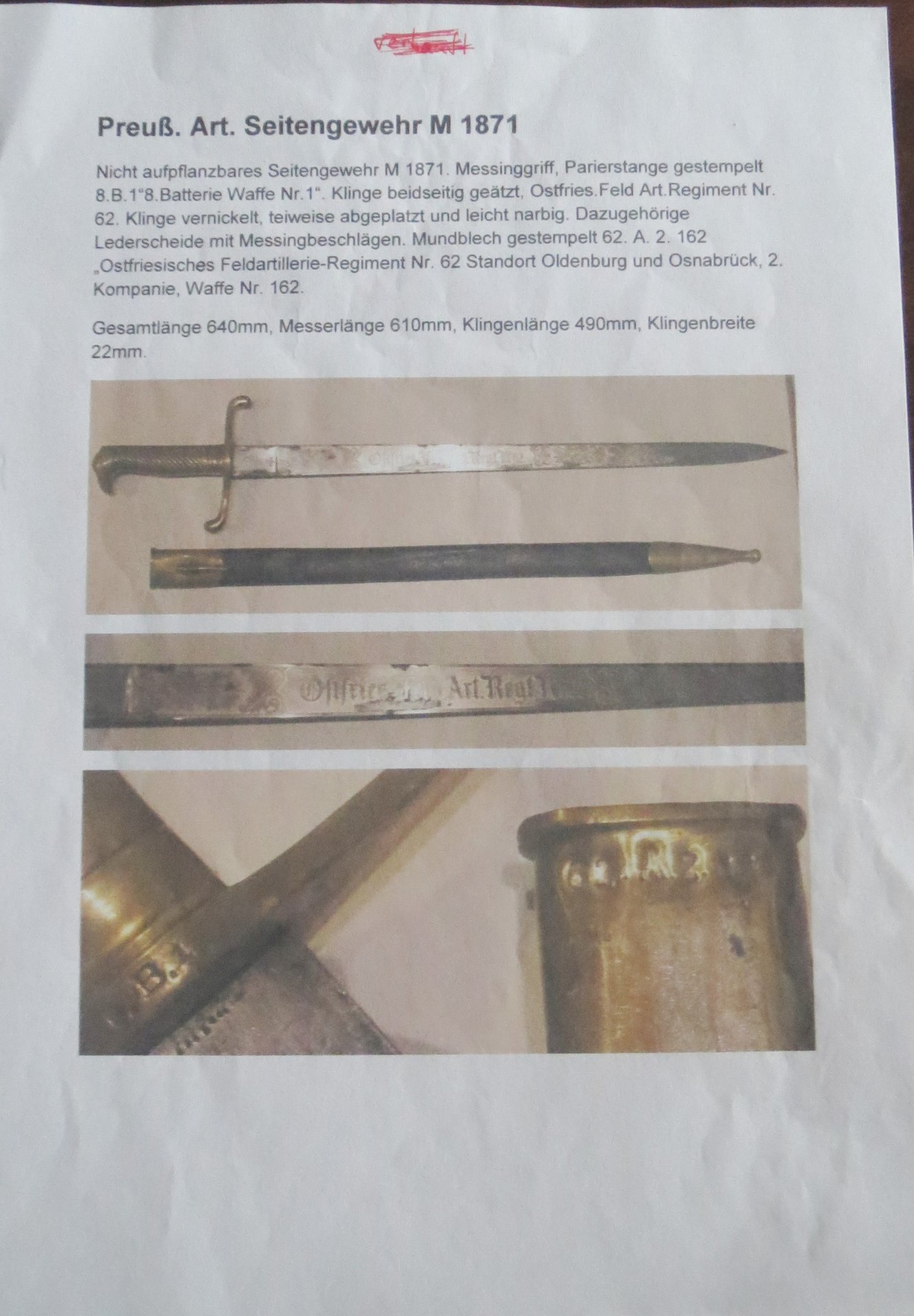 Preuß. Art. Seitengewehr M1871 – Bild 4