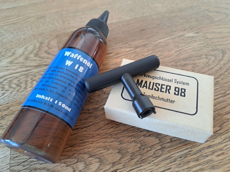 Set Spezialwerkzeug Mauser Zweilochmutter z.B. 98K G98 M1908 M1909 G33/40 mit 150ml W18 Waffenöl NEU – Bild 1