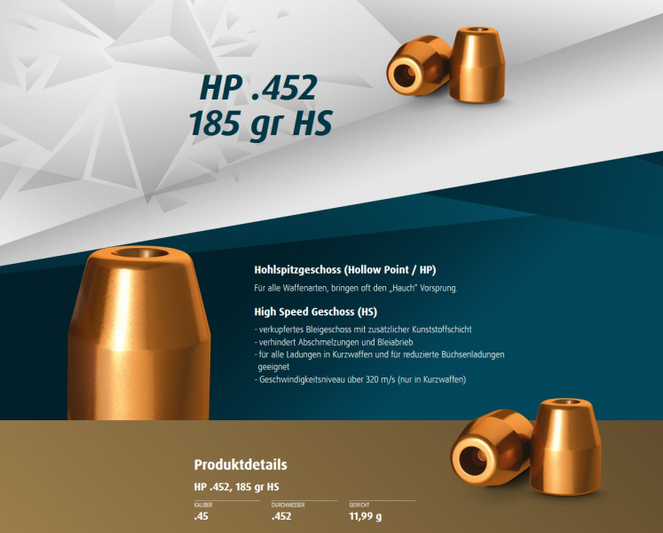 H&N Geschosse .452 HP HS 185gr. 500St. (.45ACP) – Bild 1