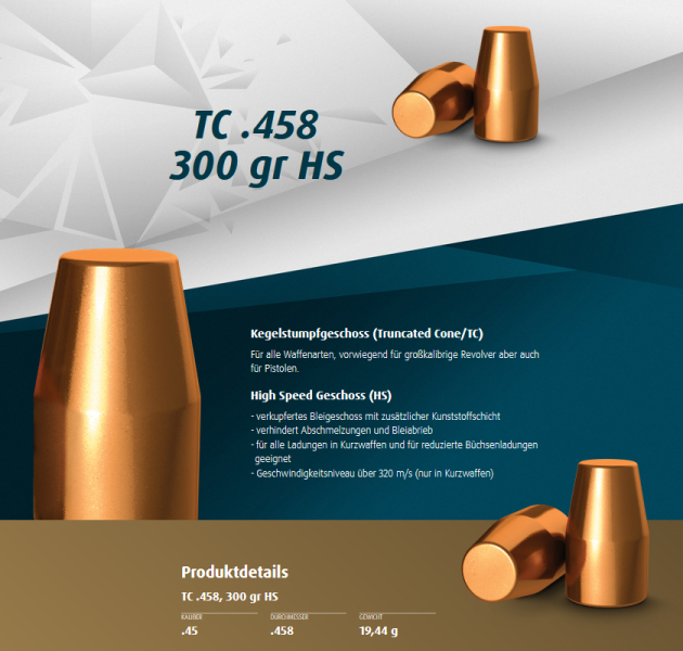 250St. H&N Geschosse .458 .45-70 Gov TC HS 300grs 19,44g Haendler&Natermann BLEIGESCHOSS verkupfert – Bild 1