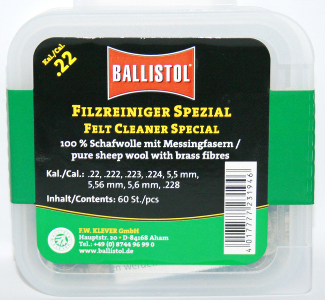 60 x BALLISTOL Reinigungsfilze/Filzreiniger SPEZIAL Cal.22 | Schafwolle mit Messingfasern! 5,6mm 223 – Bild 1