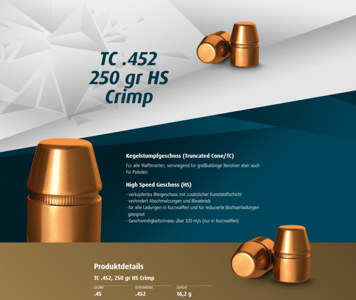 H&N Geschosse .452 TC Crimp HS 250gr. 250St. (.45Colt .454 Casull) – Bild 1