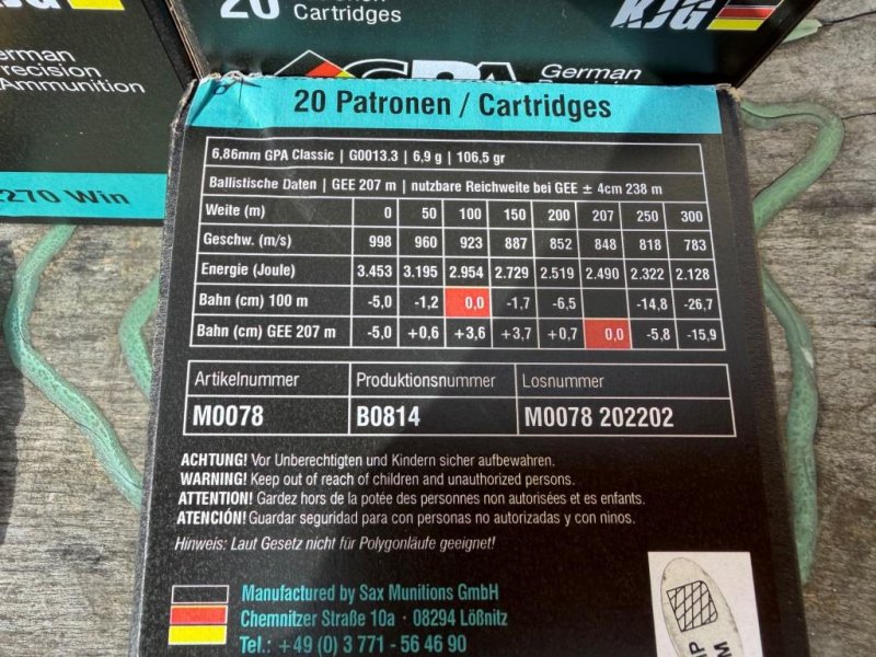 Munition Sax Kalibr .270 Win GPA 5 Schachteln mit 102 Schuss GEE 207 m – Bild 3