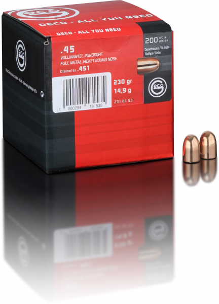 NEU 200 Stück GECO Geschosse .45 ACP Auto 230grs/14,9g FMJ Vollmantel-Rundkopf TOP-Präzision 2318153 – Bild 1