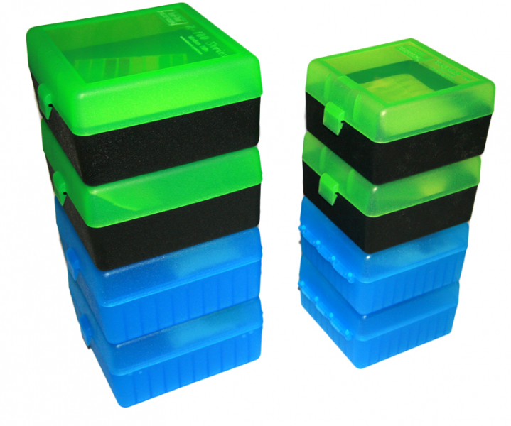100er Patronenbox Munitionsbox von MTM mit Scharnier .17 .222 .223 Remimgton RS-100-24 BLAU / KLAR – Bild 1