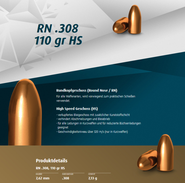 500St. H&N Geschosse .308 7,62mm 110gr 7,1g Haendler & Natermann BLEIGESCHOSSE Langwaffe 30-06 30Car – Bild 1