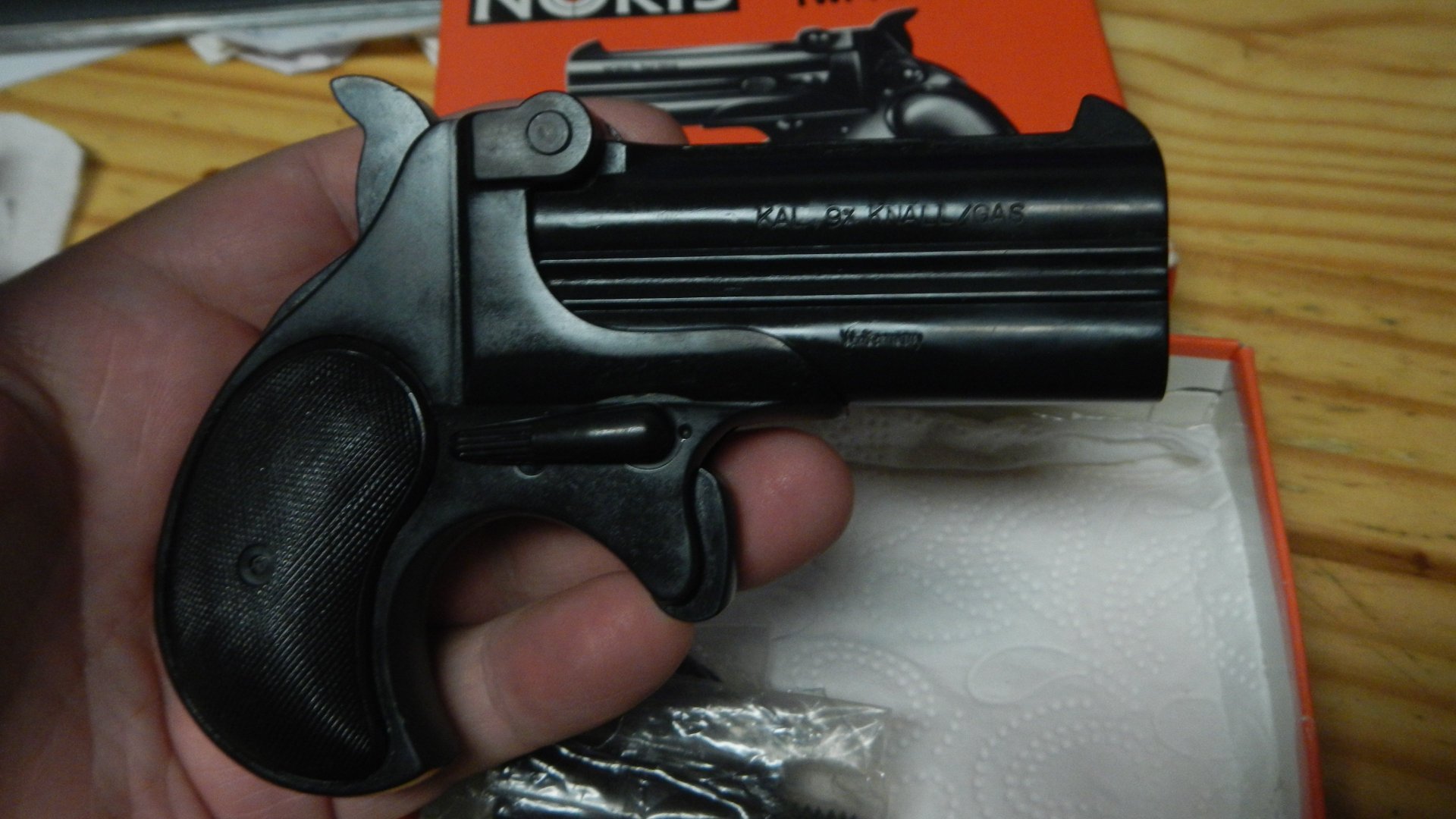Schreckschuß Pistole Noris Twi-Nine Derringer PTB 276 genieteter Lauf 2 Abschußbecher OVP 9mm Knall – Bild 3
