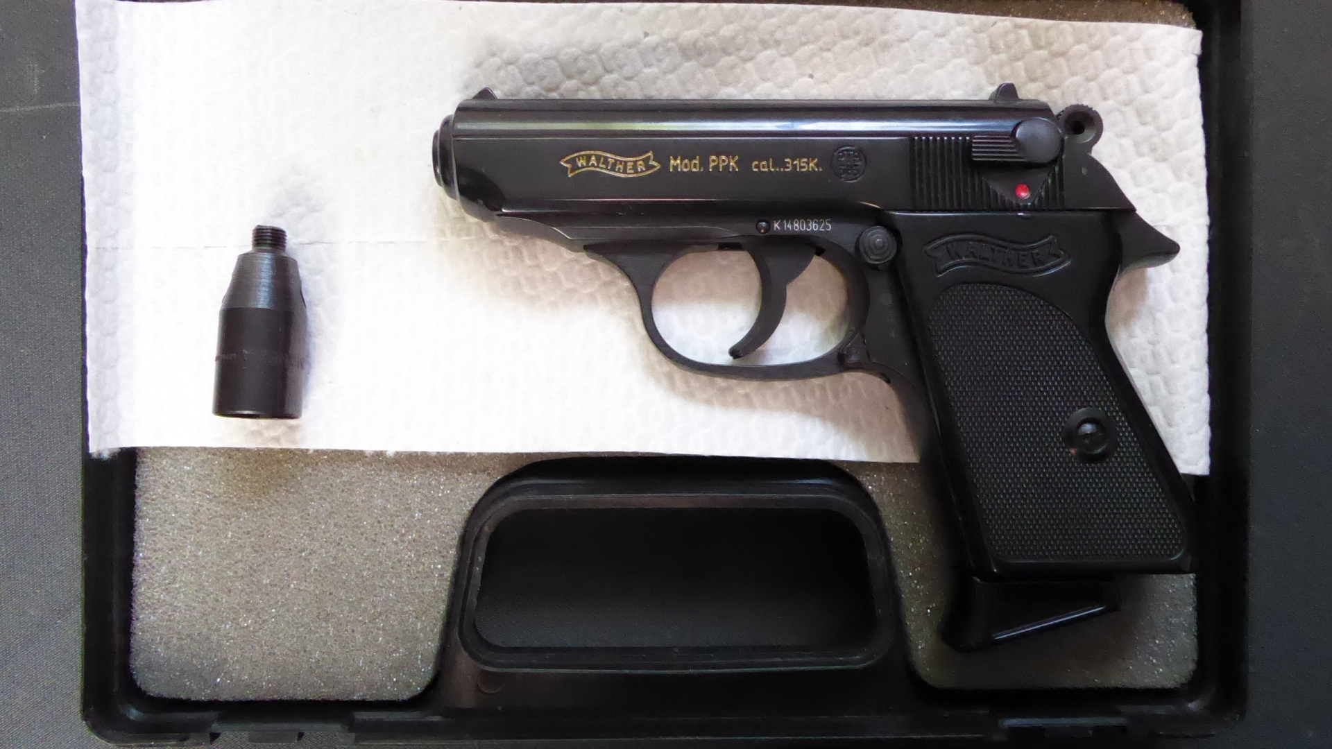 Ältere Schreckschuss Pistole von Walter Mod. PPK Kal. 315 K, PTB Nr. 585 mit Kiste – Bild 1