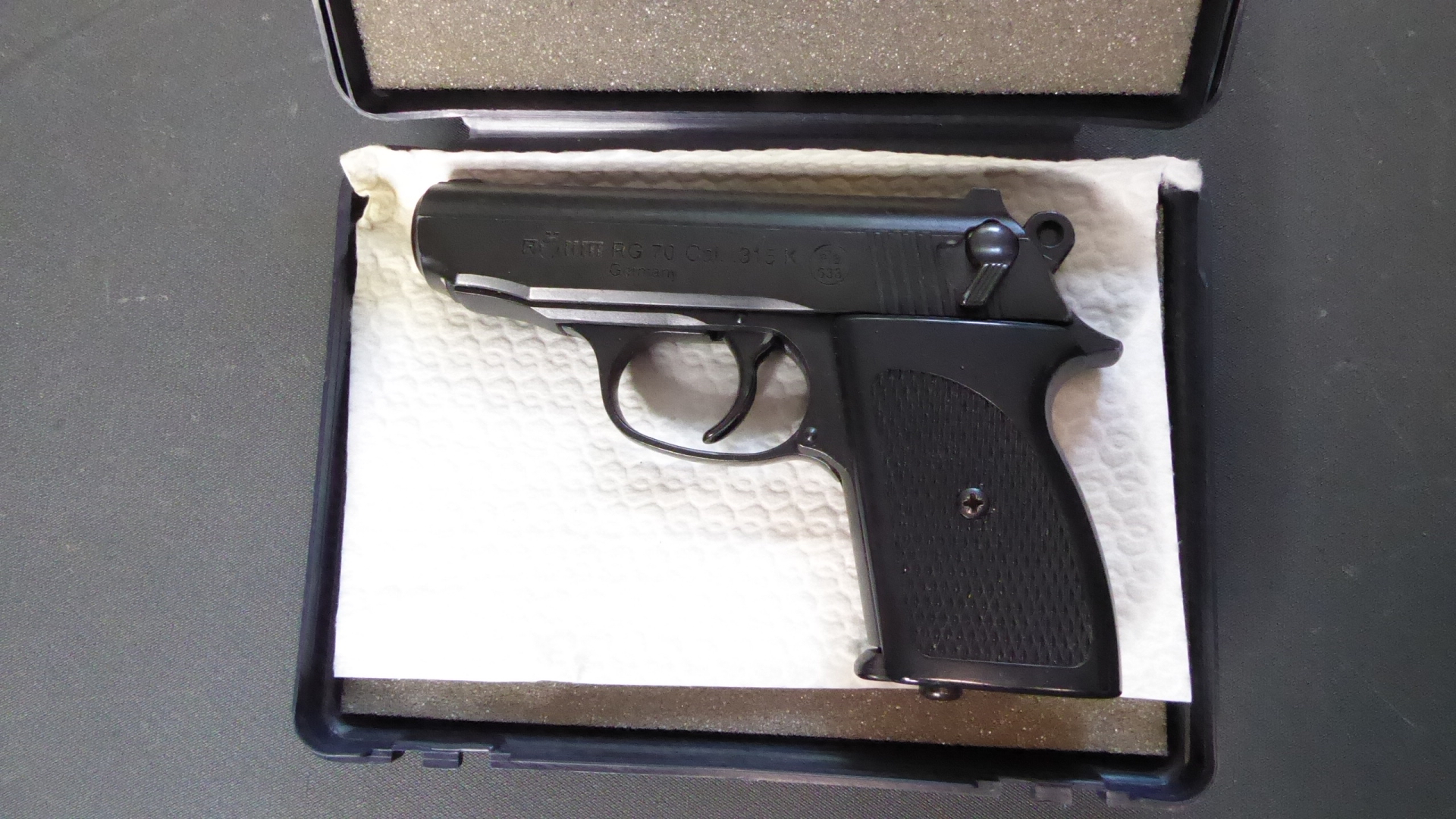 Ältere Schreckschuss Pistole RÖHM RG 70 Kal. 315 K, PTB Nr. 633 im Original Karton – Bild 1
