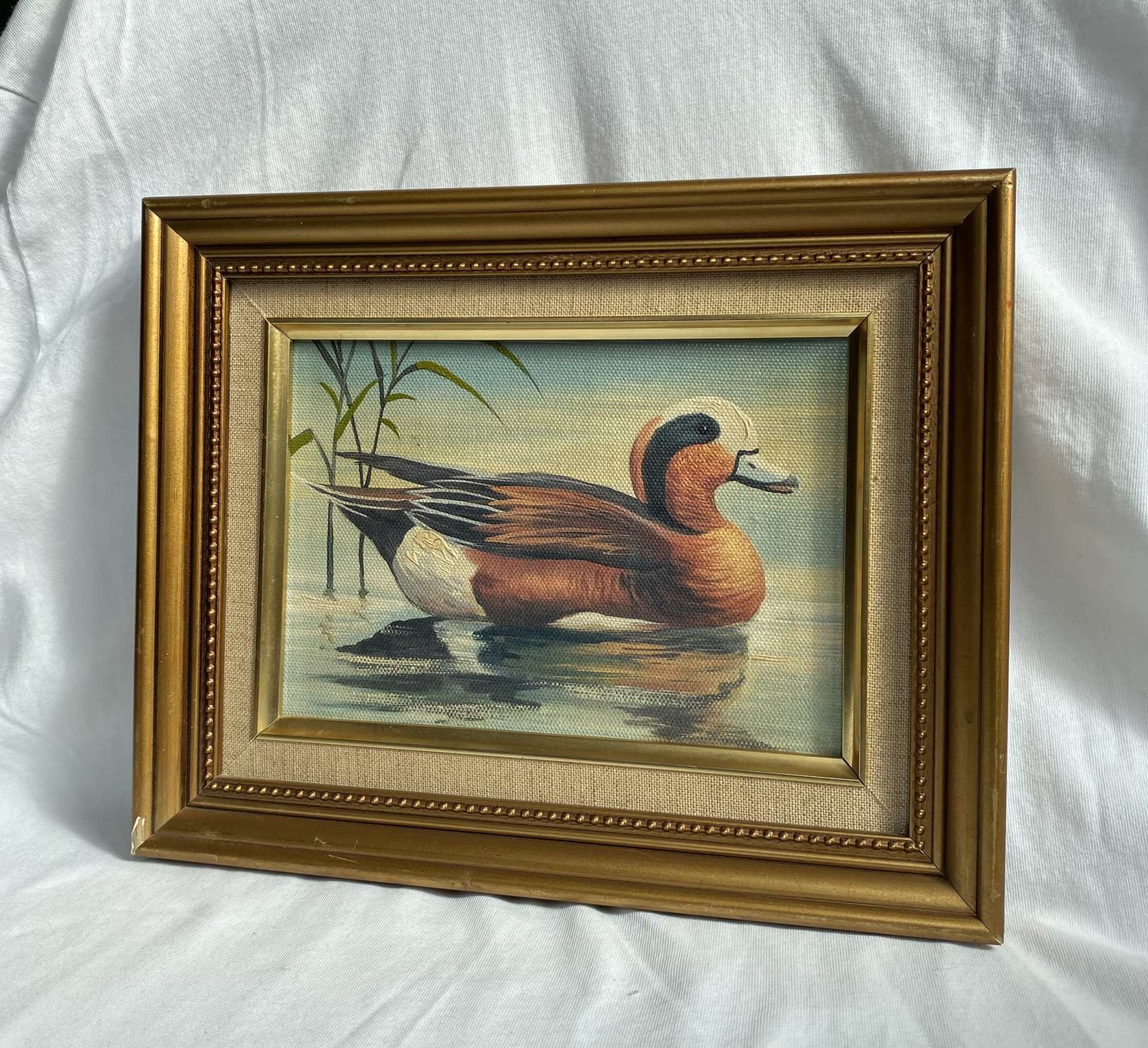 Kleines altes Ölbild PFEIFENTE Ente im Weiher 24,5 x 20 cm – Bild 1