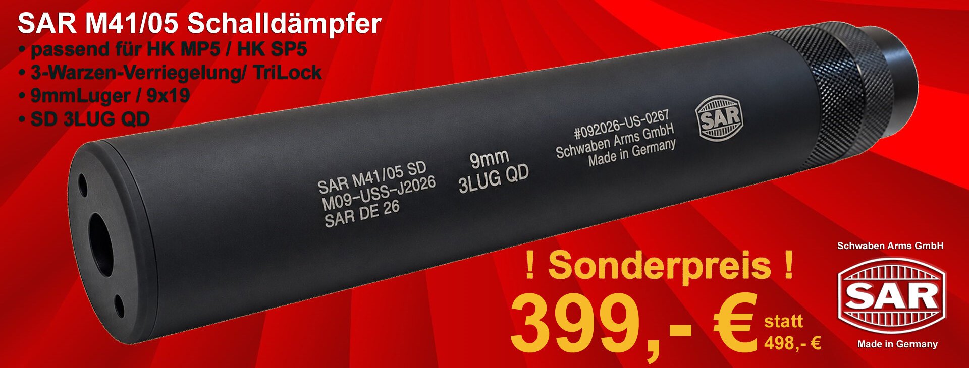 SAR M41-05 Schalldämpfer für HK MP5 / HK SP5 9mmLuger SD 3LUG QD 3-Warzen-Verriegelung / TriLock – Bild 1