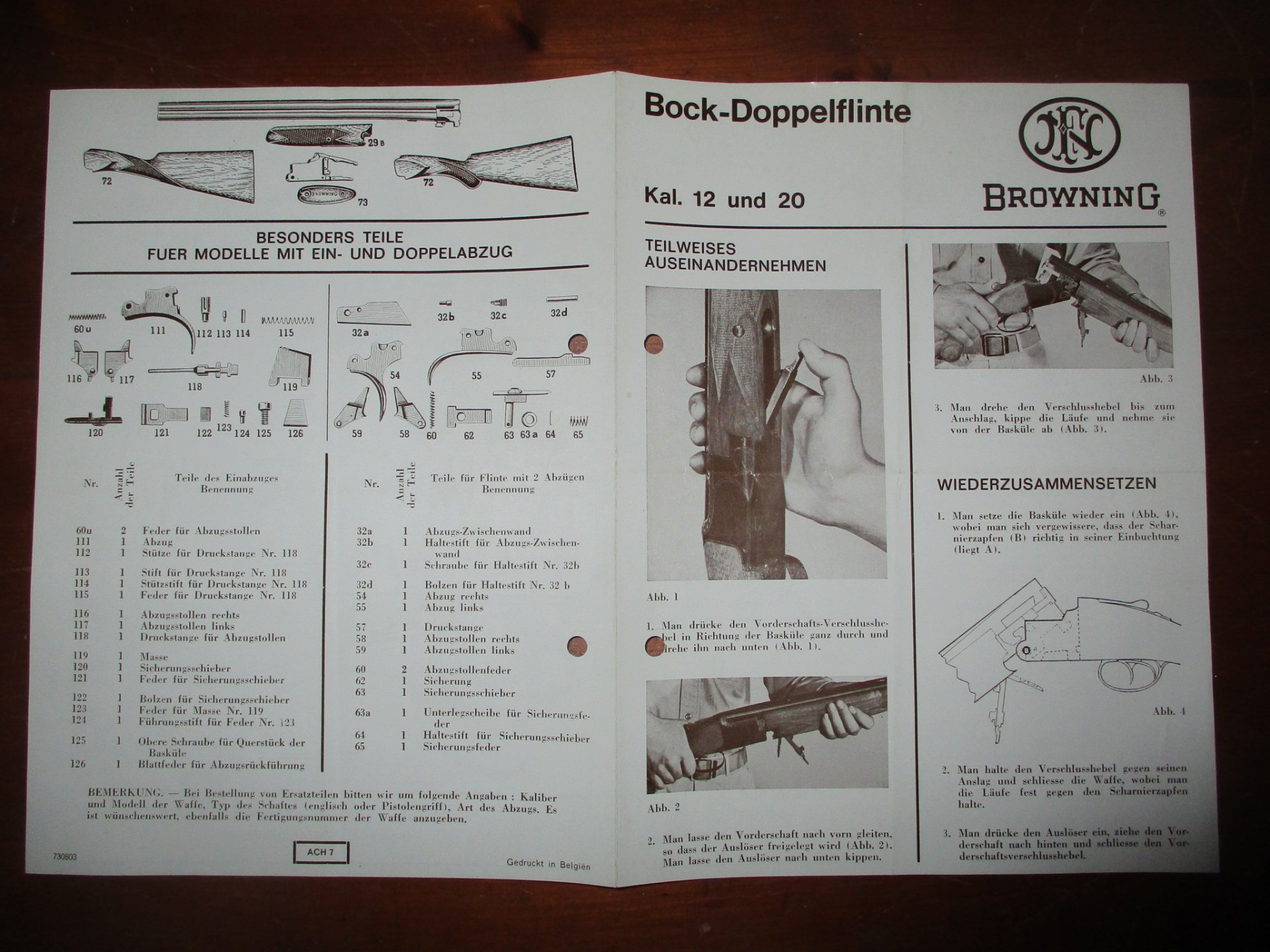 original Gebrauchsanleitung mit Teileliste Bockdoppelflinte FN deutsch – Bild 2