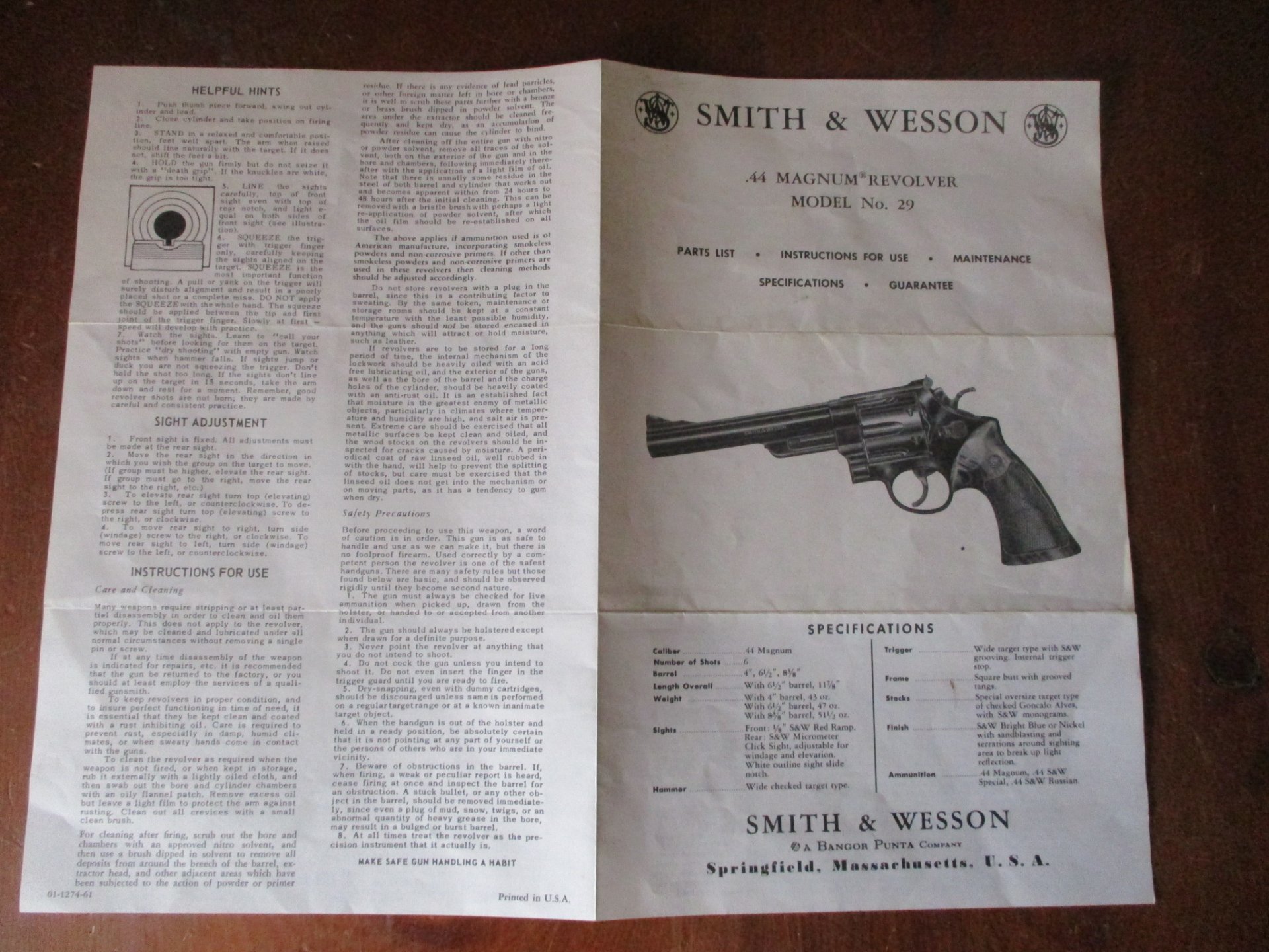 original Gebrauchsanleitung mit Teileliste S&W Revolver M29 .44 Magnum – Bild 1