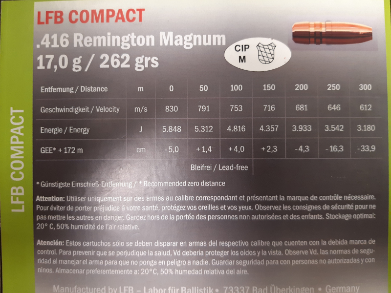50 Patronen 416 Remington Magnum von LFB Bleifrei 17g – immagine 2