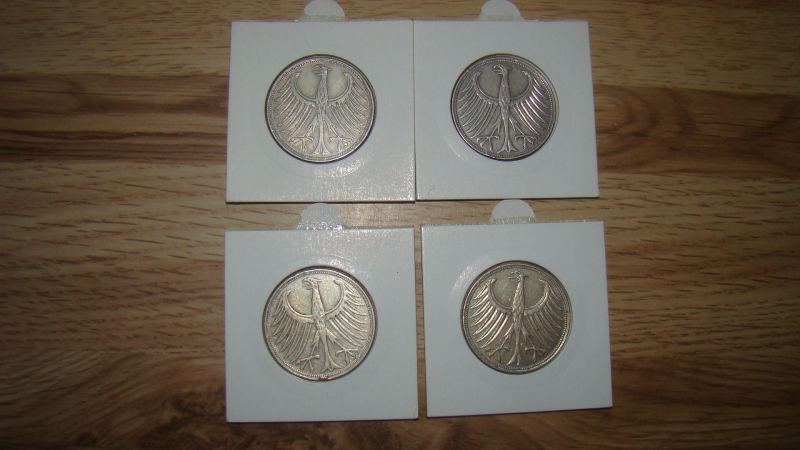 BRD 5 DM Silberadler, kpl. Satz - 1951 DFGJ - 5 Deutsche Mark, Silbermünze, Heiermann – Bild 2