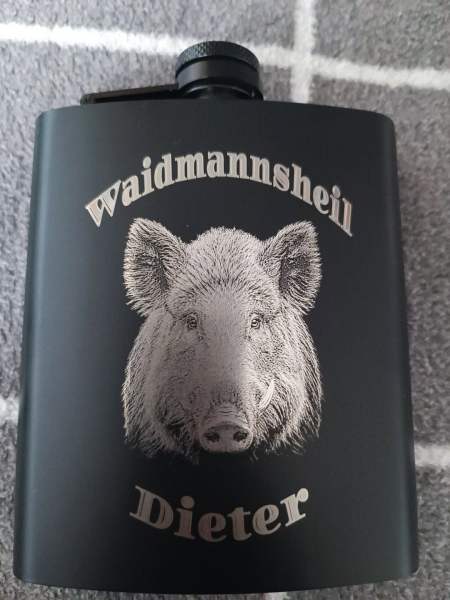 Flachmann -Personalisiert- *Edelstahl/schwarz/Leder – Bild 2