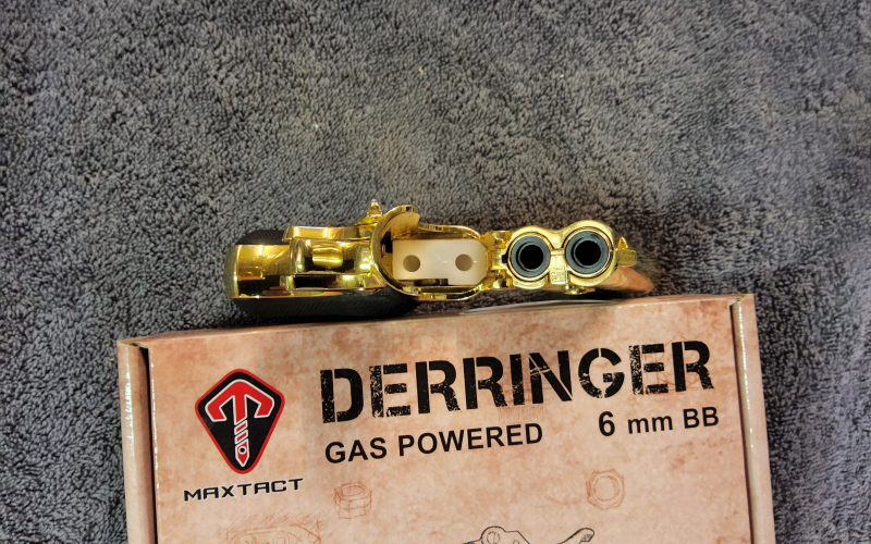 MaxTact Derringer Double Barrel Vollmetall Gas 6mm BB gold – Bild 3