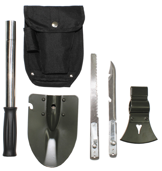 Multifunktionsset, 6 in 1, mit Tasche - Universalstiel, Beil, Spaten, Säge, Messer mit Dosenöffner – Bild 1