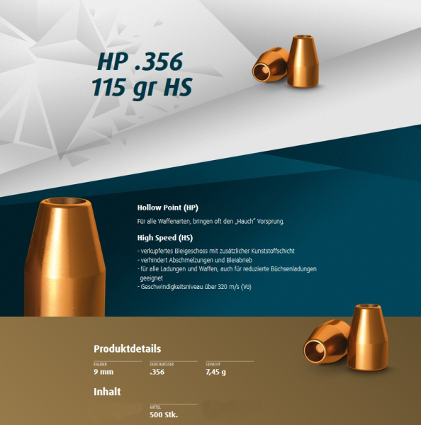 500St. H&N Geschosse .356 / 9mm HP HS 115grs | Haendler&Nattermann BLEIGESCHOSSE – Bild 1